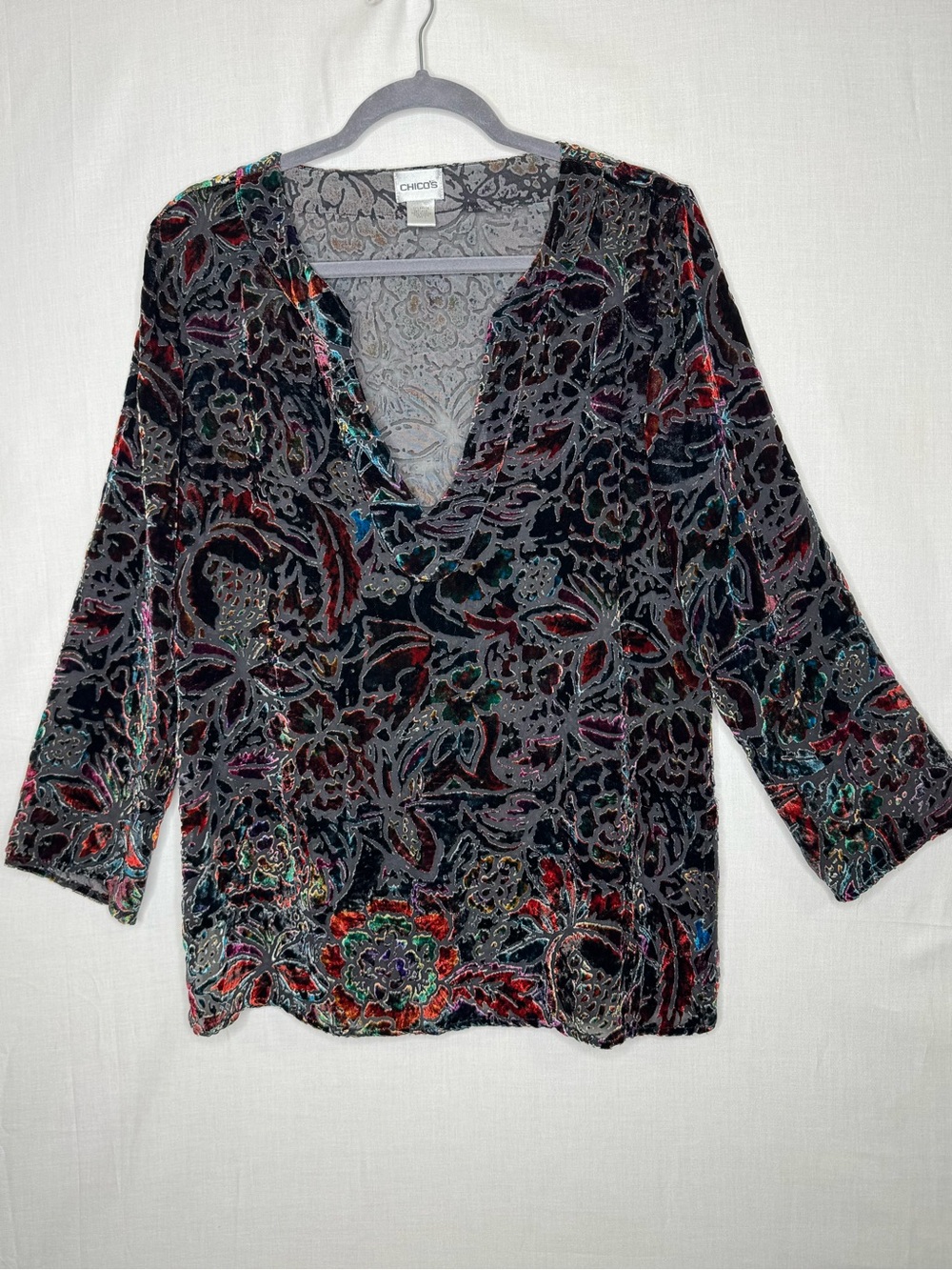 Chicos Womens Floral Velvet Burnout Blouse Sz 1, M Jewel Tones Whimsigoth Fairy